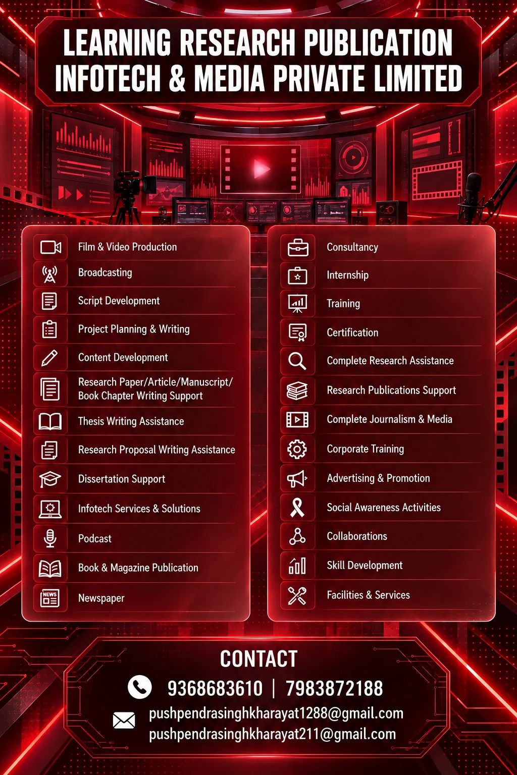 LRPIM company services poster featuring a media and broadcast studio